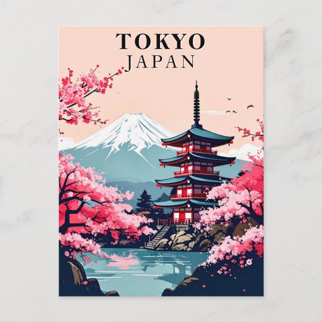 Tokyo Japan Vintage Cherry Blossom Pagoda Travel Postcard (Front)