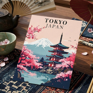 Tokyo Japan Vintage Cherry Blossom Pagoda Travel Postcard