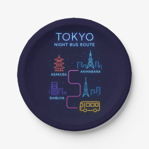 Tokyo Night Bus Route Neon Art – Japan Travel Paper Plate