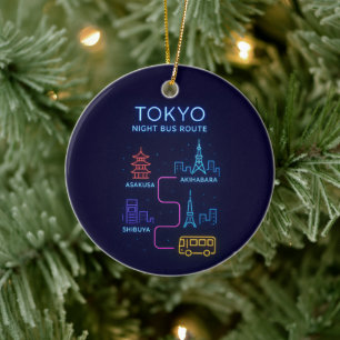 Tokyo Night Bus Route Neon Design – Japan Travel Ceramic Tree Decoration