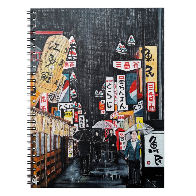 Tokyo Rain Painting by Alfred Fox Notebook (Front)