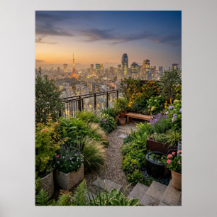 Tokyo Rooftop Garden Sunset Poster