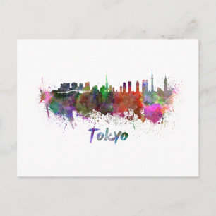 Tokyo skyline in watercolor postcard