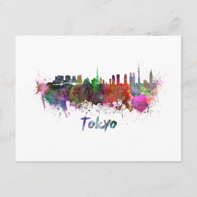 Tokyo skyline in watercolor postcard (Front)
