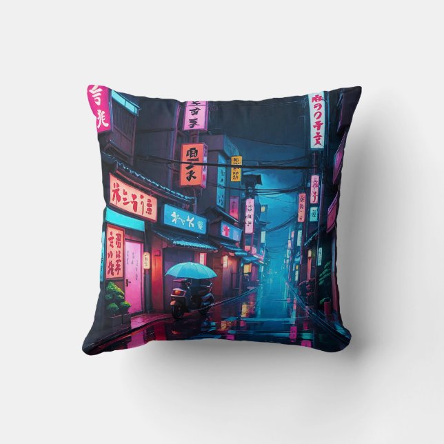 Tokyo Street At Night LoFi Art  Cushion (Back)