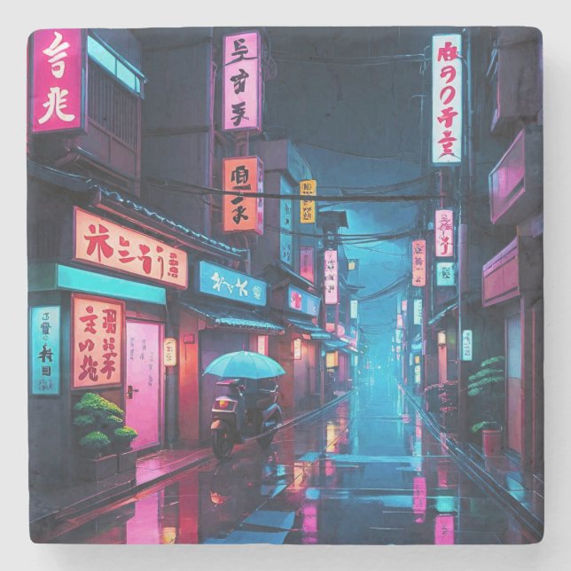 Tokyo Street At Night LoFi Art  Stone Coaster (Front)