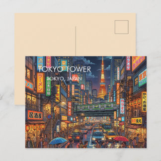 Tokyo Tower by Night Travel Art Holiday Postcard