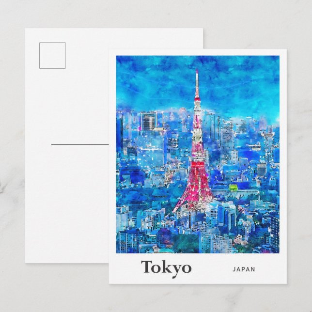 Tokyo Tower Japan Travel Watercolor Hand Drawn Postcard (Front/Back)
