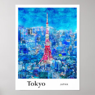 Tokyo Tower Japan Travel Watercolor Hand Drawn Poster