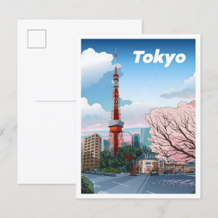 Tokyo Tower Japan Vintage Illustration Travel Postcard