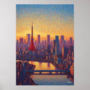 Tokyo Tower Pointillism Skyline Sunset Art Poster
