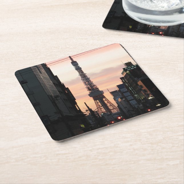 Tokyo Tower Sunrise 東京タワー日の出 Square Paper Coaster (Angled)