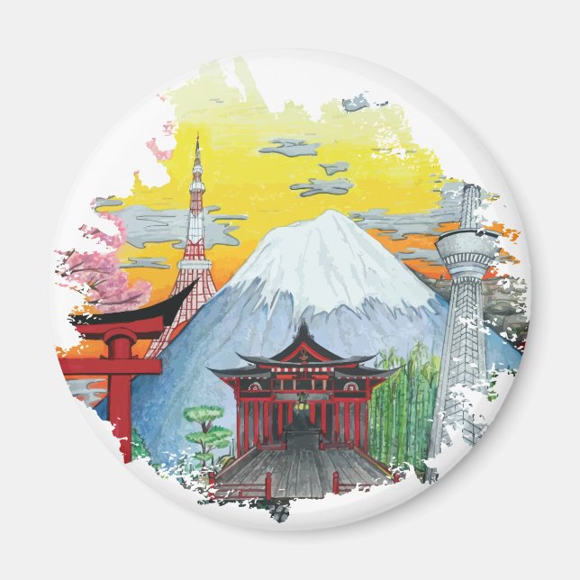 Tokyo with Mount Fuji Original Art Magnet (Front)