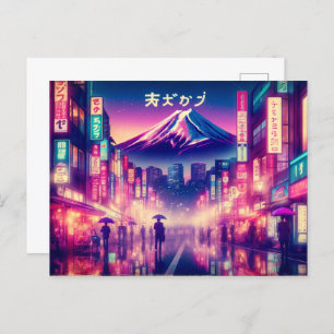 Tokyo with neon lights and Mount Fuji.  postcards