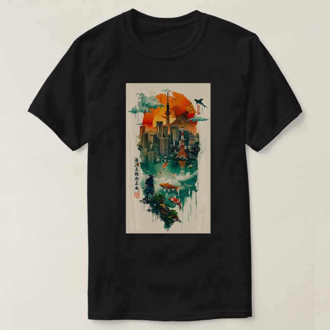 Tokyos Skyline Japan Tokyo Samurai Koi Fish  T-Shirt (Design Front)
