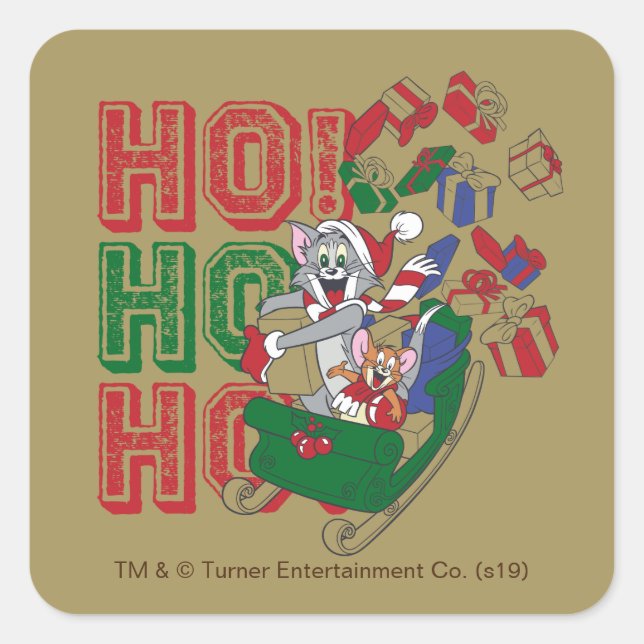 Tom and Jerry Delivering Gifts In A Sleigh Square Sticker (Front)