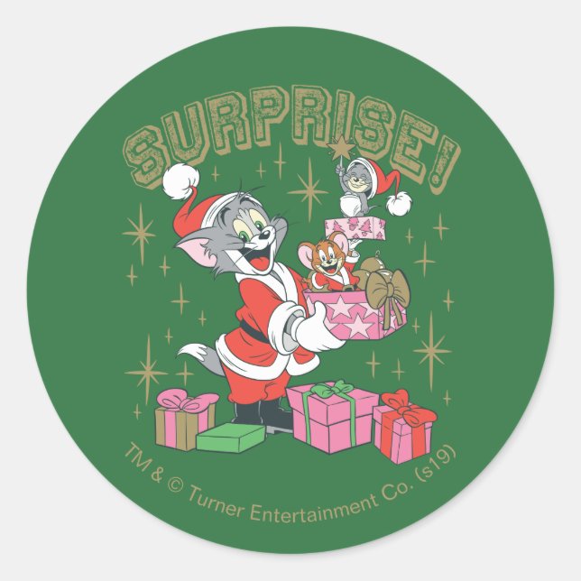 Tom, Jerry, and Nibbles Holiday Surprise Classic Round Sticker (Front)
