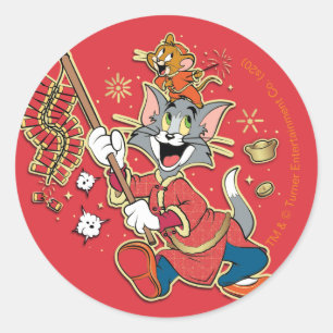 Tom & Jerry Lighting Firecrackers Classic Round Sticker