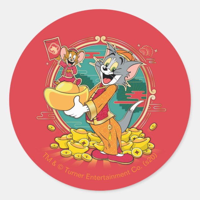 Tom & Jerry New Years Red Envelope Classic Round Sticker (Front)