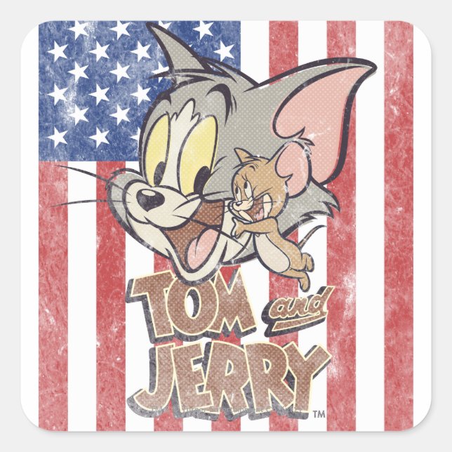 Tom & Jerry With US Flag Square Sticker (Front)