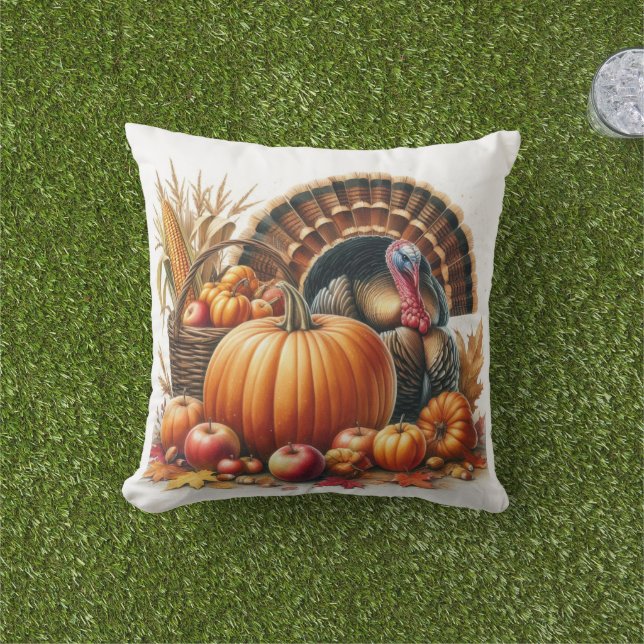Tom Turkey and Pumpkin Thanksgiving Holiday  Cushion (Grass)