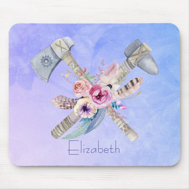 Tomahawk Feathers and Flowers Watercolor Design Mouse Mat (Front)
