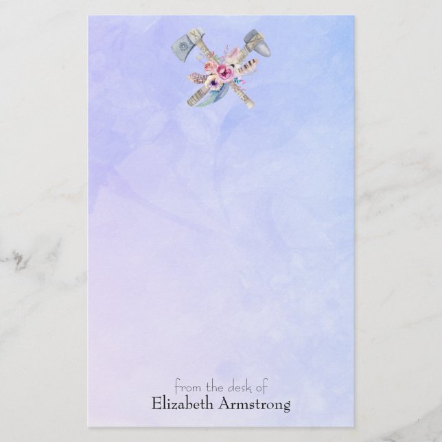 Tomahawk Feathers and Flowers Watercolor Design Stationery (Front)