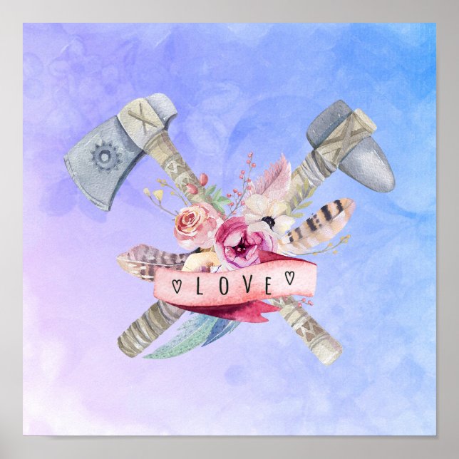 Tomahawk Hammer and Flowers Watercolor Design Poster (Front)