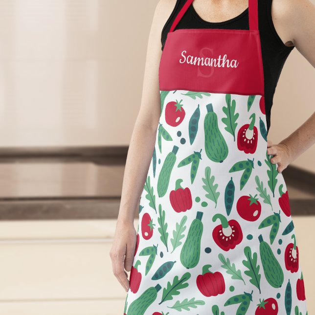Tomato and Cucumber Vegetable Pattern w Name Red A Apron (Creator Uploaded)
