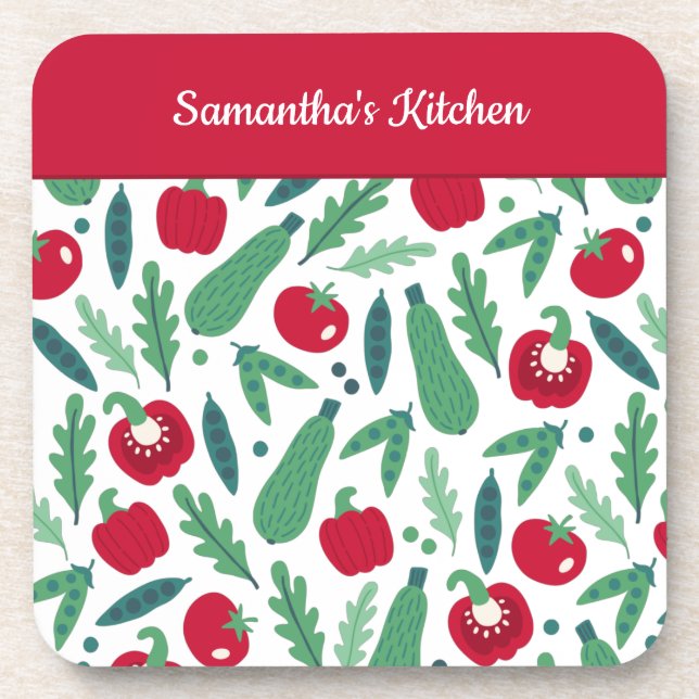 Tomato and Cucumber Vegetable Pattern w Name Red Coaster (Front)