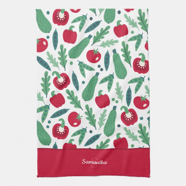Tomato and Cucumber Vegetable Pattern w Name Red Tea Towel (Vertical)