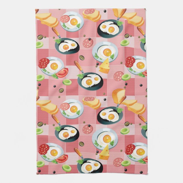 Tomato and Fried Eggs Pattern Tea Towel (Vertical)
