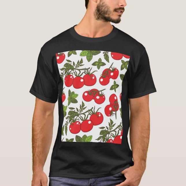 Tomato Basil Seamless Kitchen Pattern T-Shirt (Front)