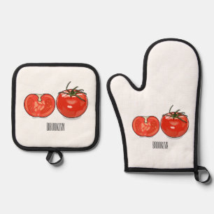 Tomato cartoon illustration oven mitt & pot holder set