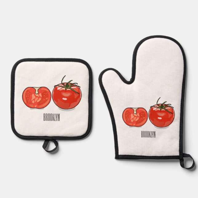 Tomato cartoon illustration  oven mitt & pot holder set (Front)
