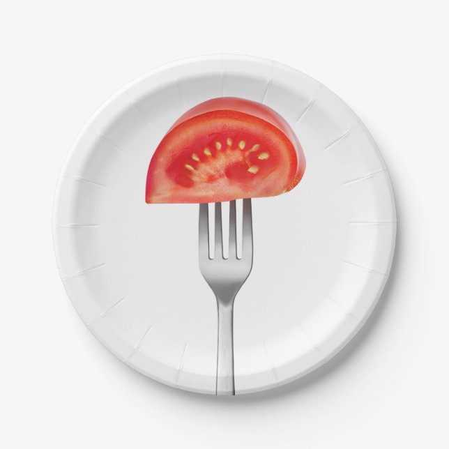 Tomato piece on a fork paper plate (Front)