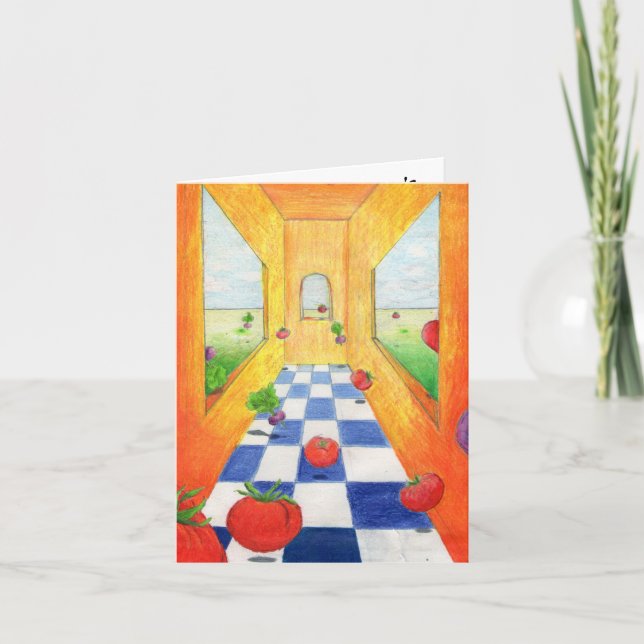 Tomato Radish Kitchen Note card Chequered Floor (Front)