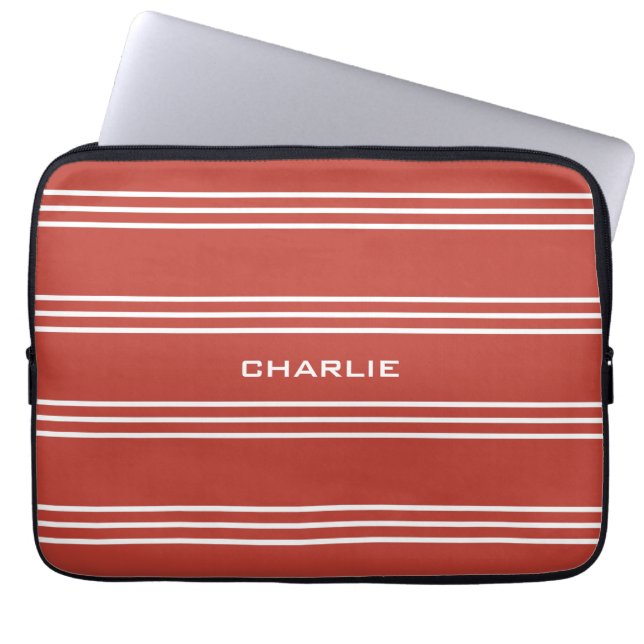 Tomato Red Stripes custom monogram laptop sleeves (Front)
