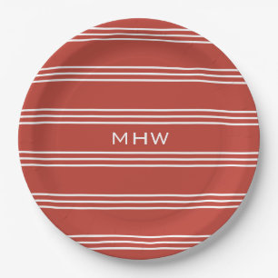 Tomato Red Stripes custom monogram paper plates