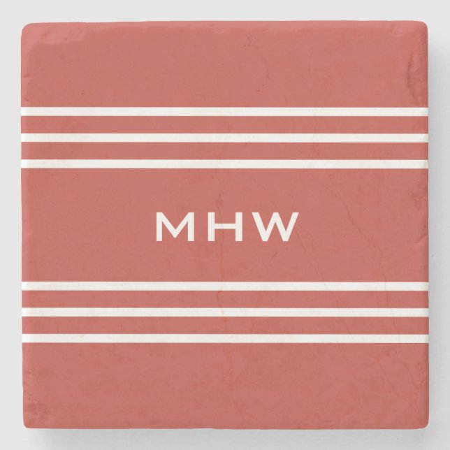 Tomato Red Stripes custom monogram stone coaster (Front)