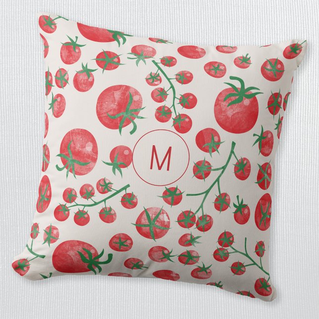 Tomato Watercolor Mediterranean Monogram Initial Cushion (Fun watercolor tomato Mediterranean pattern monogram initial personalized throw pillow)