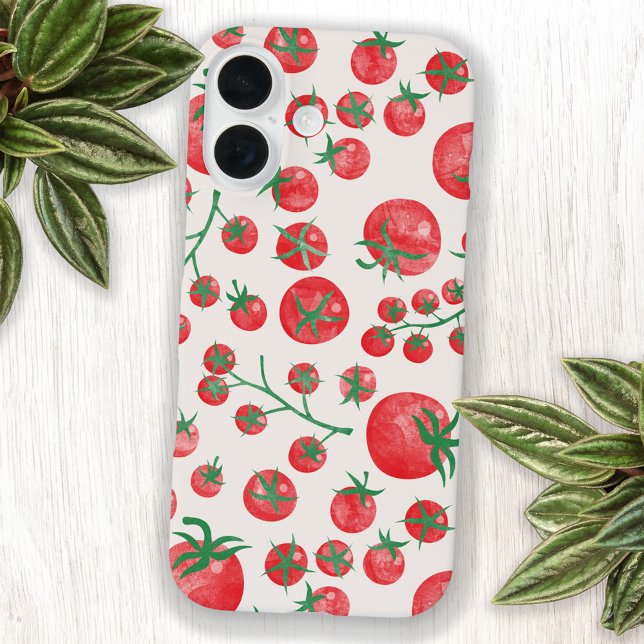 Tomato Watercolor Mediterranean Summer Pattern iPhone 16 Case (Fun Mediterranean summer watercolor tomato pattern cell phone cover)