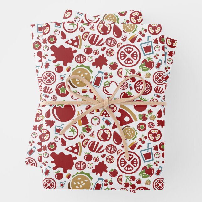 Tomato, Watermelon & Food Pattern – Retro Kitchen  Wrapping Paper Sheet (In situ)