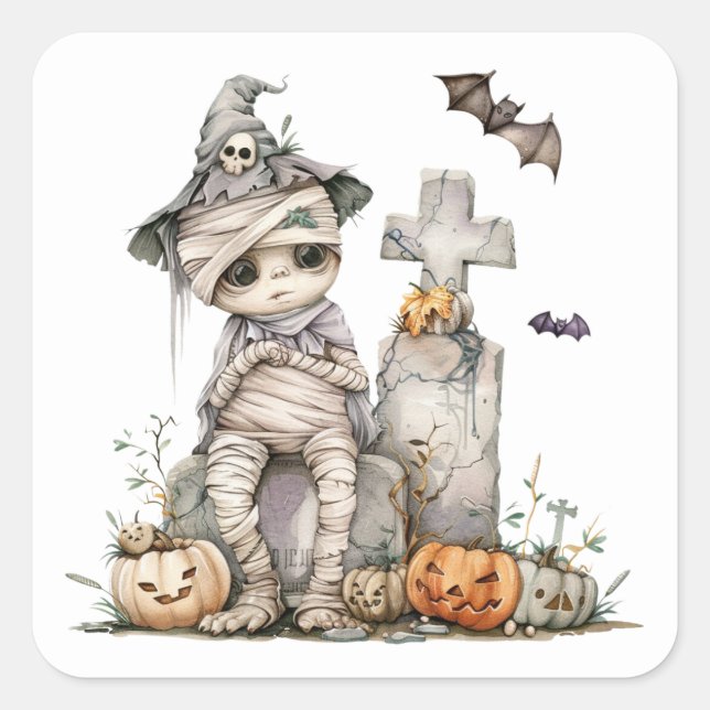 Tombstone Tangle – Mummy in a Witch’s Hat Square Sticker (Front)