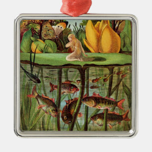 Tommelise very desolate on the water lily leaf, in metal tree decoration