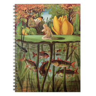 Tommelise very desolate on the water lily leaf, in notebook