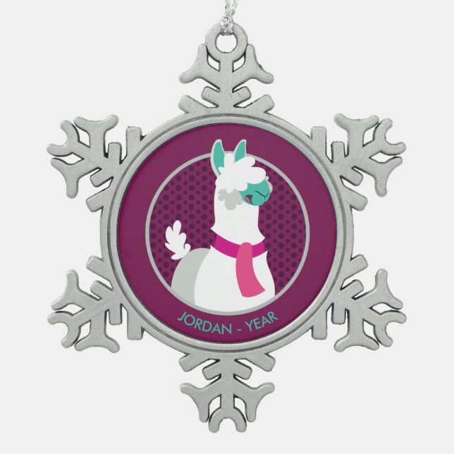 Tommy the Llama Snowflake Pewter Christmas Ornament (Front)