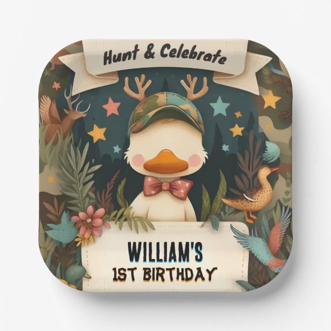 Tone Wild Camo Oh Deer Duck hunting 1st birthday Paper Plate (Front)
