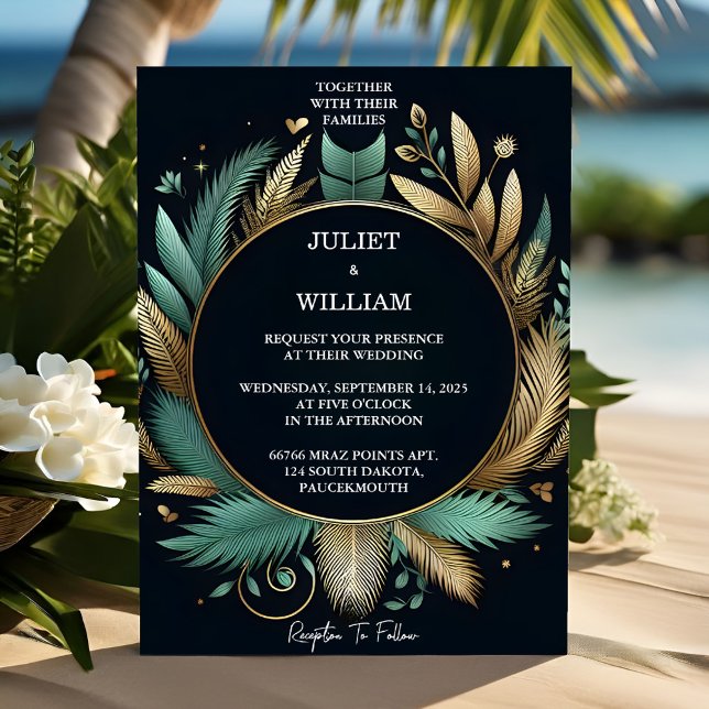 Tone Wreath Palm Tree Beach Green And Gold Wedding Invitation (Creator Uploaded)