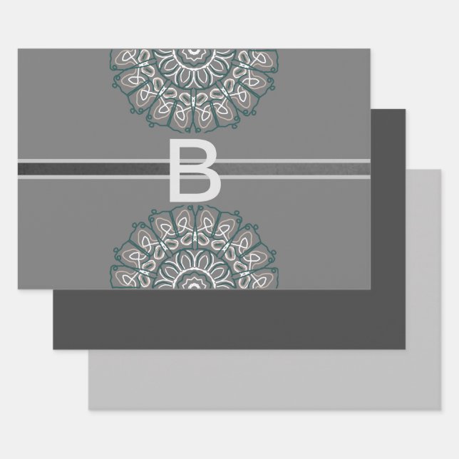 Toned Trendy Silver  Grey Laced Monogram Wrapping Paper Sheet (Set)